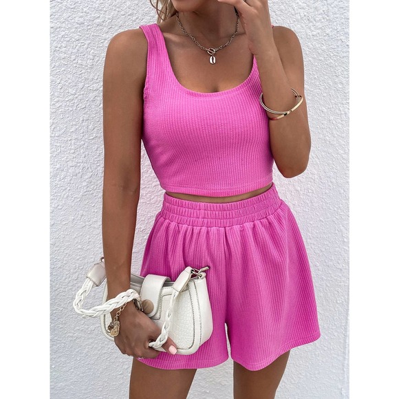 . Pants - 2 piece set: Ribbed knit Crop Tank Top & high waisted Shorts set hot pink